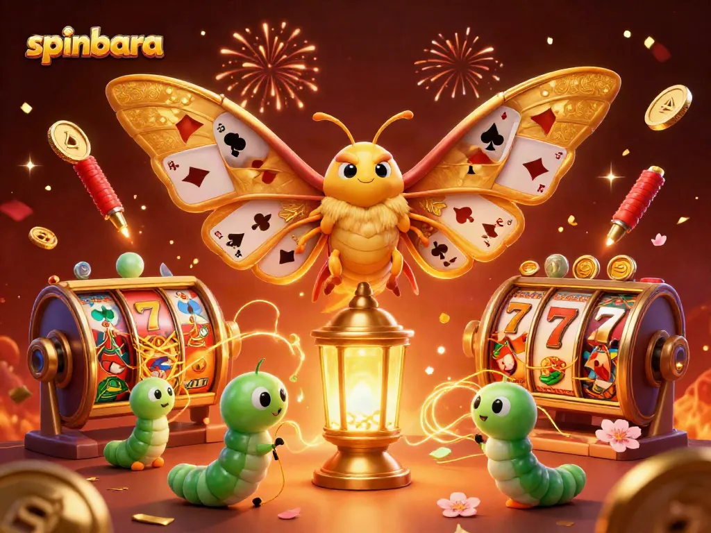 Experience spinbara's vibrant casino scene with a 3D moth and dynamic gaming elements.