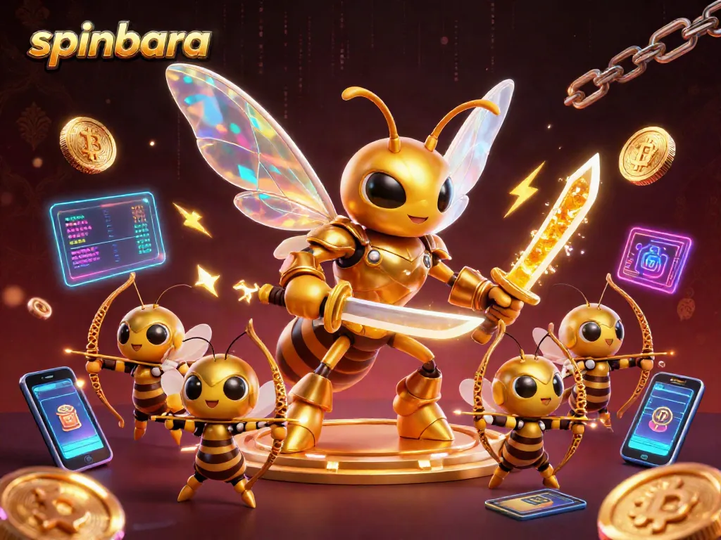 Spinbara showcases a vibrant casino scene with a hornet samurai and bee archers amidst crypto coins.