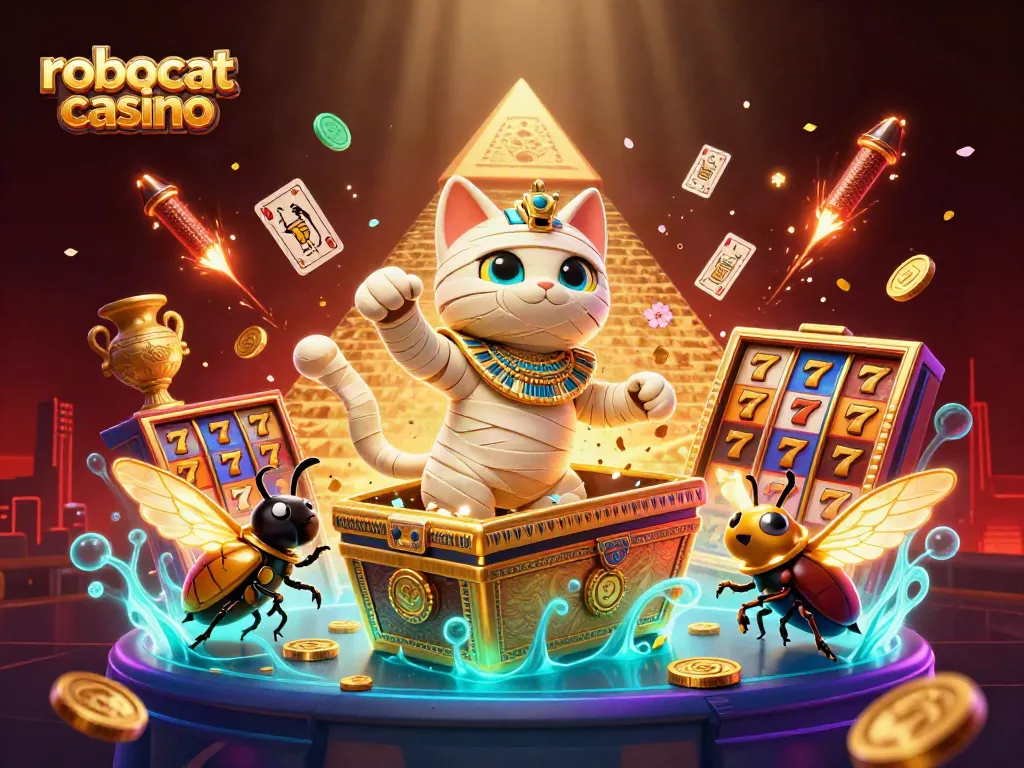 Experience thrilling gaming at robocat casino with a dynamic scene featuring a mummy cat and a scarab.