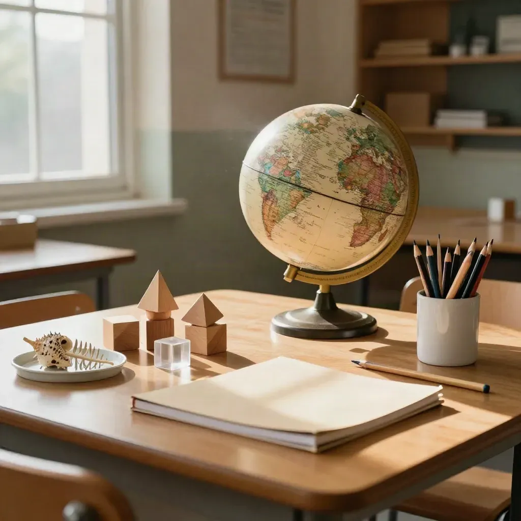 Mesa de Primaria bilingüe con globo, figuras geométricas, cuadernos y lápices junto a ventana cálida.