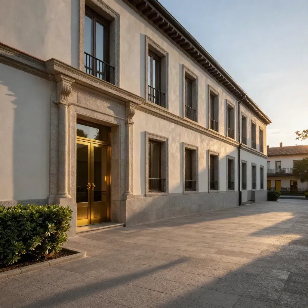 Fachada de piedra de Colegio Madrid al atardecer, con patio y ala de aulas en luz dorada.
