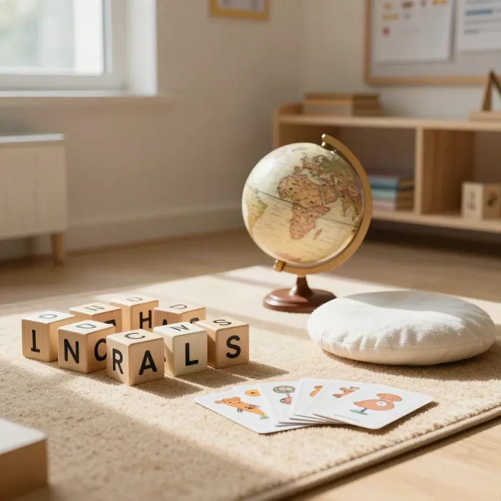 Rincón infantil de inglés con cubos alfabéticos, globo pequeño y asientos blandos.