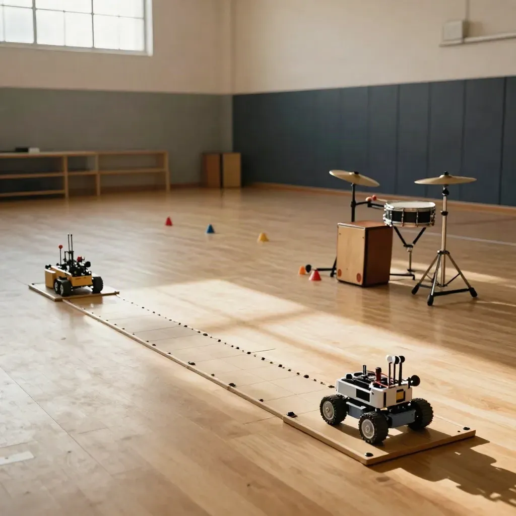 Sala polivalente con pista de robótica, percusión y conos deportivos ordenados tras la tarde.