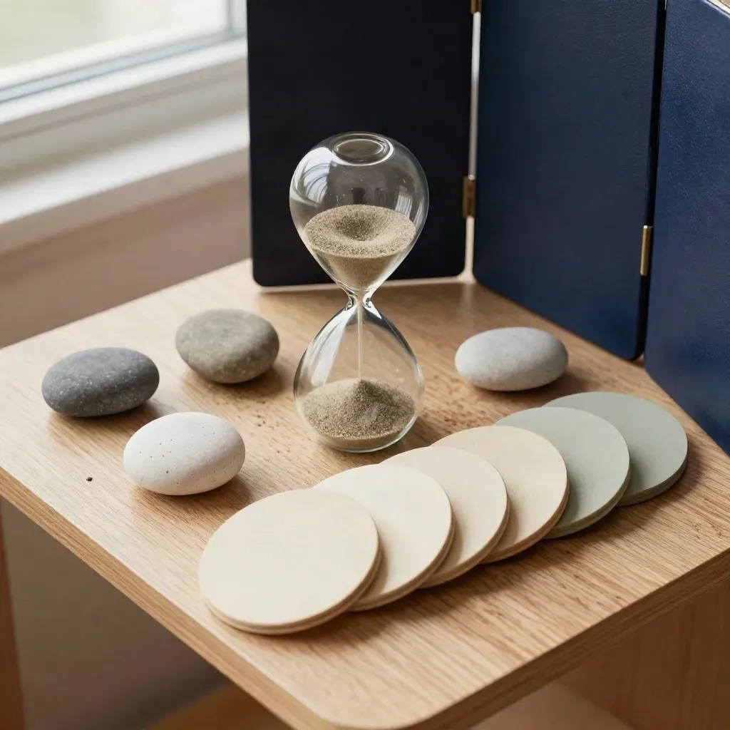 Reloj de arena, discos de madera y piedras calmantes junto a un biombo azul marino.