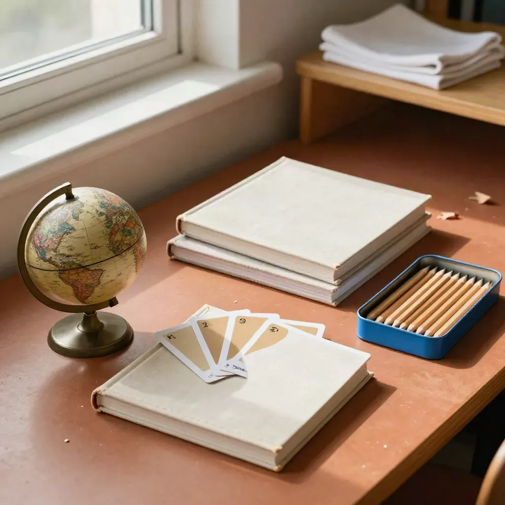 Libros bilingües, globo terráqueo pequeño y lápices azules sobre una mesa de clase.