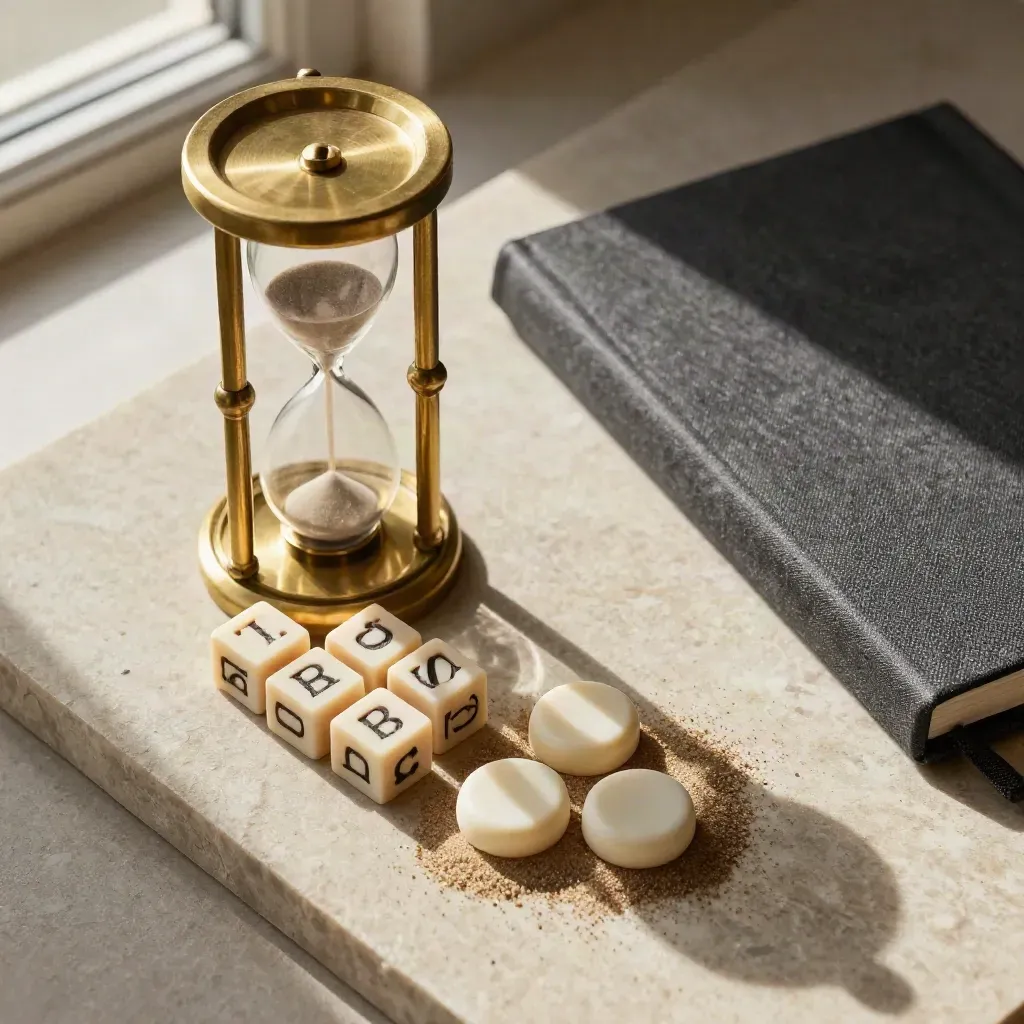 Reloj de arena, fichas y letras de madera sobre piedra clara, con cuaderno cerrado.