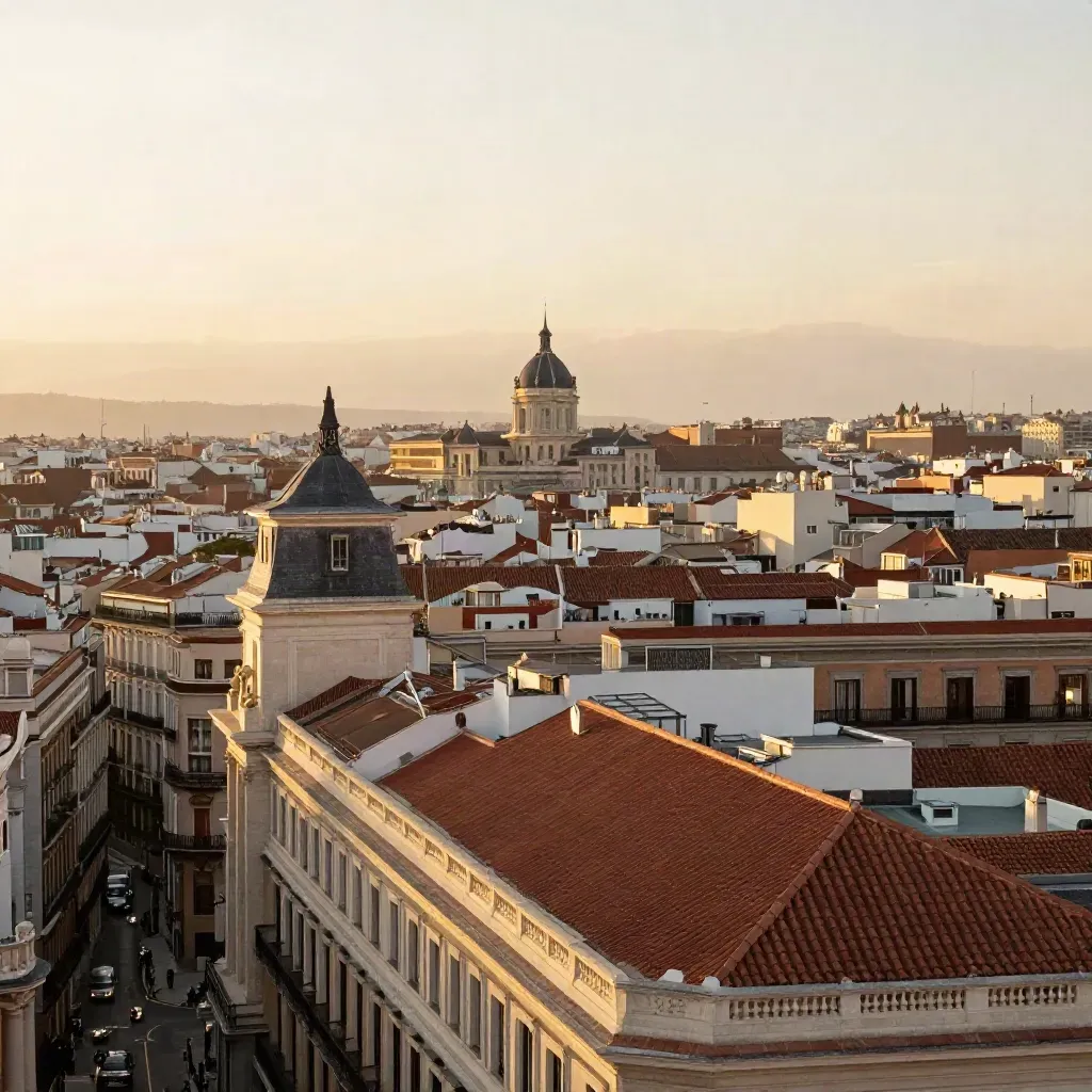 Vista de Madrid Centro con tejados, cúpula lejana y luz dorada entre bruma.