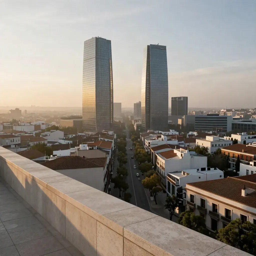 Cuatro Torres de Madrid al amanecer con bruma y avenidas arboladas vistas desde una terraza