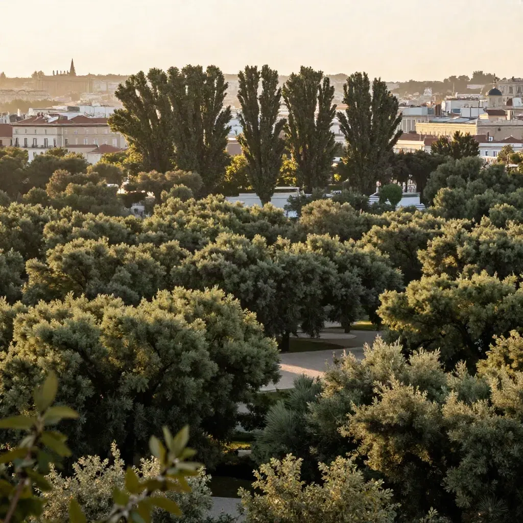 Vista del este de Madrid con las copas de El Retiro y bruma urbana al fondo.